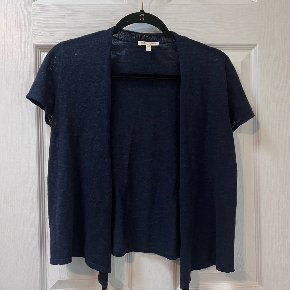 Eileen Fisher Linen Cotton Short Sleeve Open Front Cardigan Navy Blue Petite S